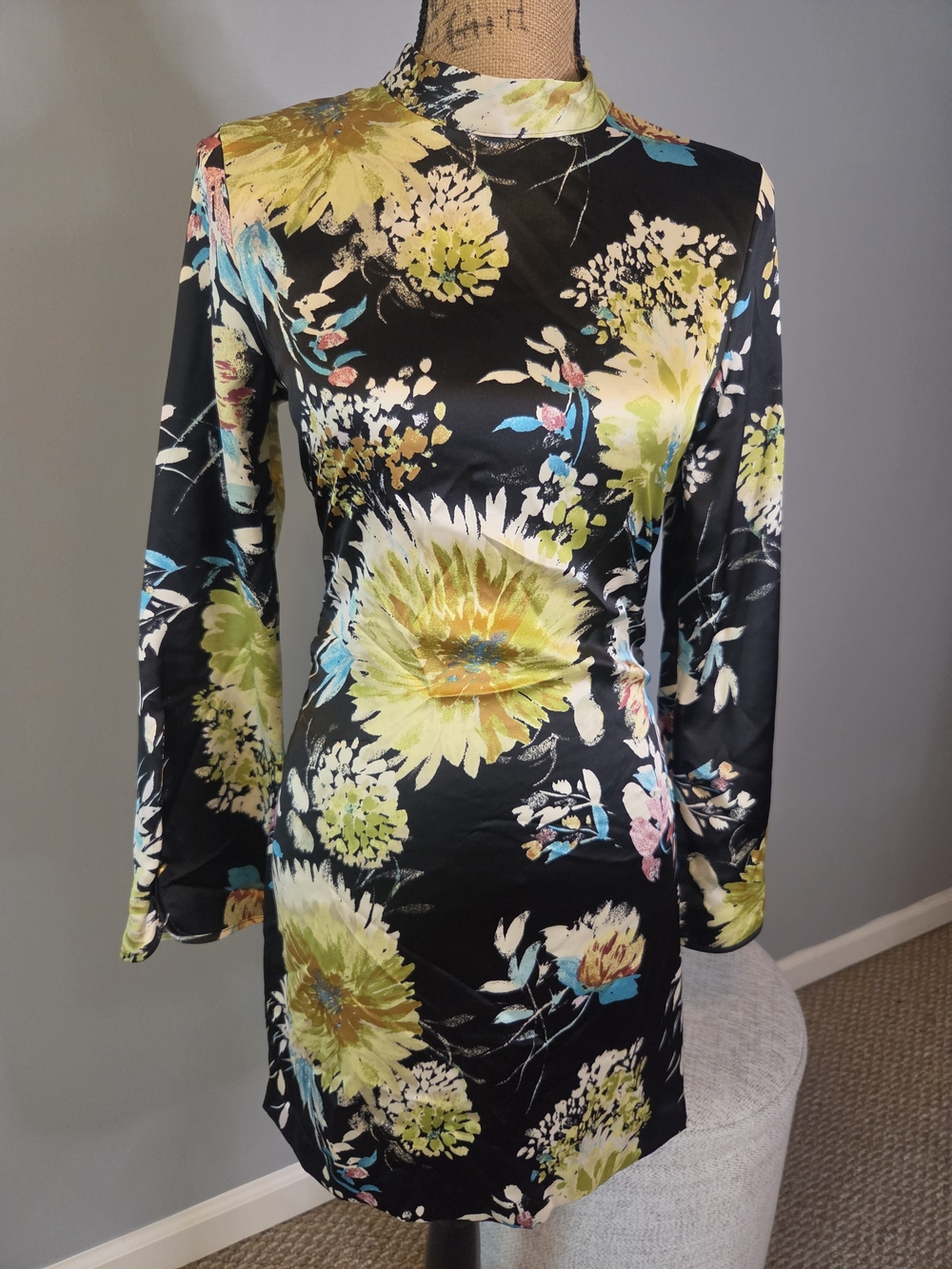 Zara Black Long-Sleeve Floral Mini Dress with Yellow Blooms